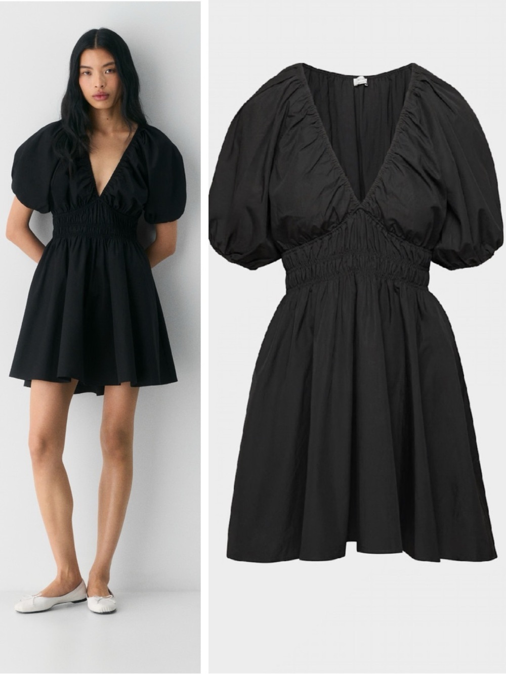 Aritzia Wilfred Mason Poplin Smocked Puff Sleeve M Black V Neck Mini Dress Black